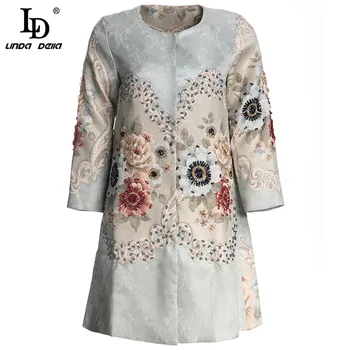 LD LINDA DELLA Tasarımcı Sonbahar Kış Vintage Ceket kadın 3/4 Kollu Boncuk Tek göğüslü Çiçek Jakarlı Dış Giyim Palto
