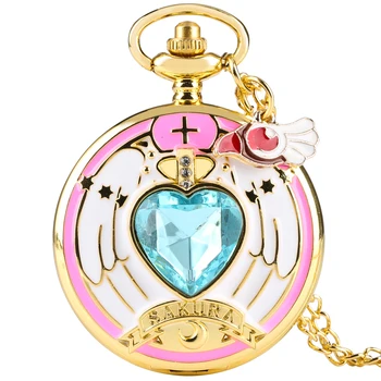 Lüks Altın Kalp şeklinde Mücevher Kuvars cep saati ile Cardcaptor Sakura Aksesuar Kolye Kolye Zinciri Steampunk Kadın Hediyeler