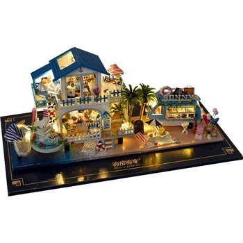 Mini Boyutu Casa DIY Ahşap Bebek Evi Kiti Minyatür Mobilya ile Mavi Okyanus Yazlık Dollhouse Oyuncaklar Arkadaşlar Kızlar için Noel Hediyeleri
