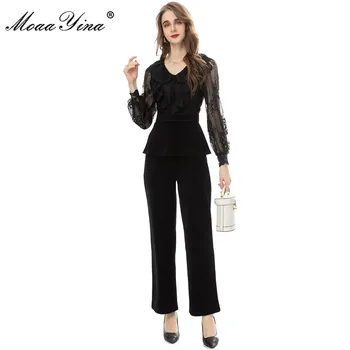 MoaaYina Tasarımcı Sonbahar Bahar Siyah pantolon seti Kadın Örgü Patchwork Uzun kollu fırfırlı üst + Kadife İki Adet Set