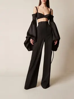 Moda Modern kadın pantolonları Takım Elbise Fener Kollu Sling Üst Yüksek Bel Pantolon 2 Parça Set 2022 Tasarımcı Giyim