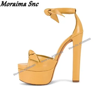 Moraima Snc Sarı Yay Düğüm Deccr platform sandaletler Peep Toe Tıknaz Topuk Ayak Bileği Toka Sandalet Yüksek Topuklu Düğün Ayakkabı Topuklu