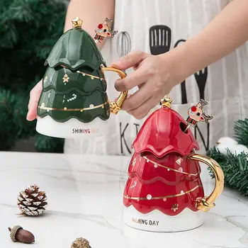 Noel Ağacı kapaklı kupa Kaşık Süt Kahve Fincanı Yüksek Sıcaklık Seramik Yaratıcı çocuk noel hediyesi