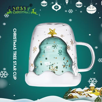 Noel Ağacı Çift Duvar Cam Kupalar Yaratıcı Kahve Kupa Süt Suyu Yalıtım Yıldız Dilek Fincan Yaratıcı Sevimli Kız noel hediyesi