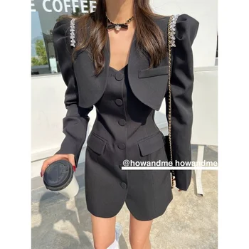 Ofis Bayan Kırpma Siyah Blazers Kadın Ceket Seksi Rahat Gri Mini Tek göğüslü Takım Elbise Setleri 2022 Sonbahar Moda