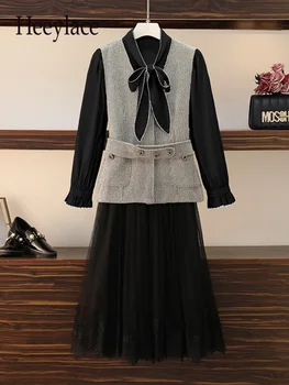 Ofis Bayanlar Zarif Sonbahar Kış Setleri Bayan Yay Yaka Bluz + Tüvit Yelek + dantel Örgü Etek Setleri Fransız Vintage Takım Elbise
