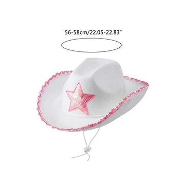 Pembe Yıldız Beyaz Keçe Cowgirl Şapka batı kovboy şapkası Ayarlanabilir Şapka silindir şapka için Elbise-up Parti noel dekoru Cosplay Prop