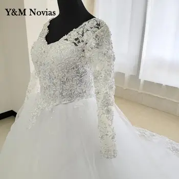 R & M Novıas Lüks Boncuk Nakış düğün elbisesi Artı Boyutu Korse Vestido De Noiva Uzun Kollu Tatlı V Yaka Aplikler gelin kıyafeti