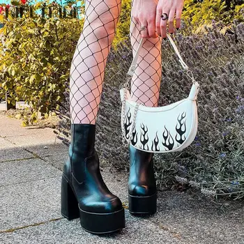 RIBETRINI Marka Yeni Moda Platformu Blok Yüksek Topuklu bayan Botları Goth Parti düğün elbisesi Kalın Topuk Seksi Sonbahar Ayakkabı Kadın