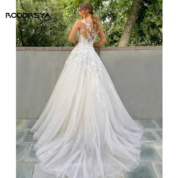 RODDRSYA Zarif düğün elbisesi A-Line O-boyun Tankı Dantel Aplikler Illusion Düğme Tül Gelin kıyafeti 2023 Robe De Mariée Özelleştirilmiş