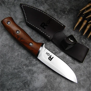 Sandal ağacı kolu açık taktik düz dao keskin bıçak ile iki kez kuzey Amerika av bıçağı + zarif deri kılıf