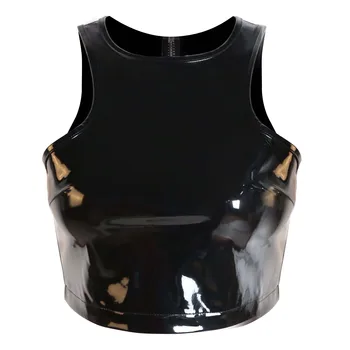 Seksi PU Deri Tank Top Kadınlar Geri Fermuar Vinil PVC Lateks Kırpma Üst Siyah Kırpılmış Bayan Fitness Egzersiz Sutyen Tankları