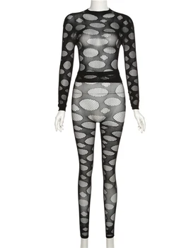 Sibybo Güz Kıyafetler Kadınlar Mesh Hollow Uzun kollu Üstleri + Pantolon Setleri Ince Seksi See-through Bluz Sokak Rahat Bacaklar Iki Parçalı Set
