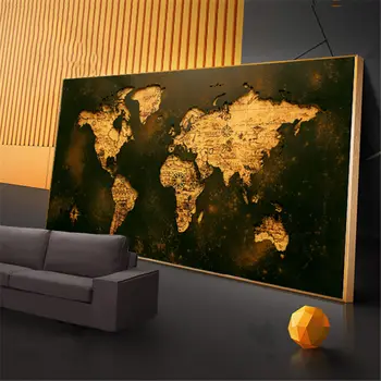Siyah Altın Dünya Haritası resim tuvali Boyama Vintage Klasik Tarzı Duvar Sanatı Soyut Duvar Dekor Oturma Odası ıçin Cuadros Çerçevesiz