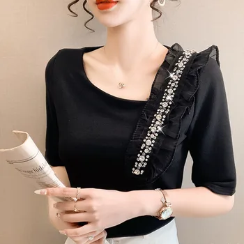 Siyah Beyaz Ruffles rhinestones Eklenmiş Gazlı Bez T Shirt Kadın Seksi Rahat Kısa Kollu T Shirt Kadın Sıkı Yaz Tee Gömlek