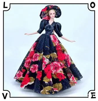Siyah Çiçek Puf Kollu düğün elbisesi 1/6 oyuncak bebek giysileri Barbie Giyim Barbie Kıyafetler Elbise Şapka 11.5 