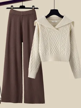 Sonbahar Kış Kalın Örgü İki Parçalı Setleri kadın Kıyafetleri Bayanlar Zarif Büküm Örme Kazak Ve Geniş Bacak Pantolon Setleri Kadın Giyim