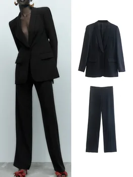 TRAF 2022 Kadın Siyah Blazer Takım Elbise Sonbahar Kış 2 Adet Ofis Kıyafetleri Tek Düğme Ceket + Fermuar Uzun Pantolon Temel Dış Giyim