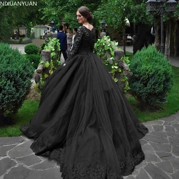 Vintage Uzun Kollu Siyah Gotik düğün elbisesi Victoria Dantel gelin kıyafeti Artı Boyutu Custom Made Vestidos De Mariage