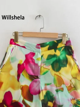 Willshela Kadın Moda Iki Parçalı Set Baskılı Yan Fermuar Bluz & Vintage Ön Fermuar Pantolon Kadın Chic Lady Pantolon Setleri