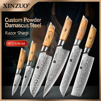 XINZUO 6 adet Bıçak Seti Şam Çelik Şef Nakiri Maket Bıçağı VG10 Sebze Meyve Bıçağı Metal Kesme Aletleri