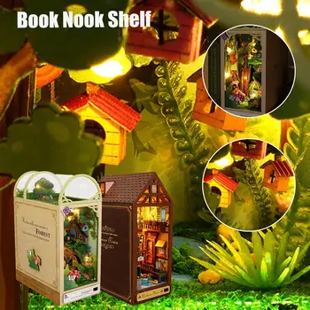 Yaratıcı DIY Ahşap Kitap Nook Raf Ekleme Kiti Minyatür Peri Masalı Şehir Kitaplık Orman Evi Dollhouse Oyuncaklar Kızlar Noel Hediyeleri