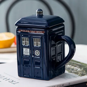 Yaratıcı Doctor Who Tardis Kutusu Kupa Komik Seramik Kahve Çay Bardağı Kaşık Hediye Kutusu İle Mavi ve Kırmızı