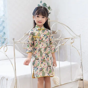 Yarım Kollu Qipao Kızlar İçin Yaz Çiçek Mini Elbise 1-10 Yıl Genç Çin Tarzı Cheongsam Geleneksel Etnik Kostümleri