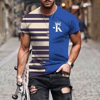 Yaz Kısa Kollu O-Boyun Moda Dikiş K Mektup Şerit 3D Baskı Moda Gevşek Üst erkek tişört Üst