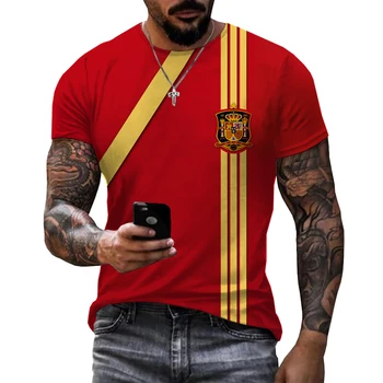 Yaz Kısa Kollu T Shirt Erkekler İçin İspanyol Bayrağı Baskı Ekip Boyun Üst Büyük Boy Erkek Giyim Moda Spor Camisa