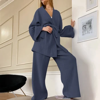 Yeni Bahar fransız Elbise Pantolon Uygun Kadın Kadar Dantel Han Buhar Pijama Uygun Moda Çift Saf Renk Pamuk Ev Elbise Gazlı bez