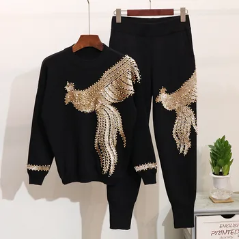 Yüksek Kalite 2022 Kadın Sonbahar Kış Boncuk Payetli Desen Uzun Kollu Örme Kazak Üstleri Pantolon 2 ADET giyim setleri