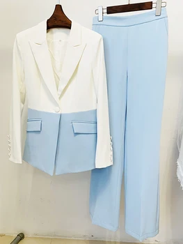 YÜKSEK SOKAK Yeni 2022 Tasarımcı Pist Takım Seti kadın Ofis Tek Düğme Renk Bloğu Patchwork Blazer Flare Pantolon Takım Elbise