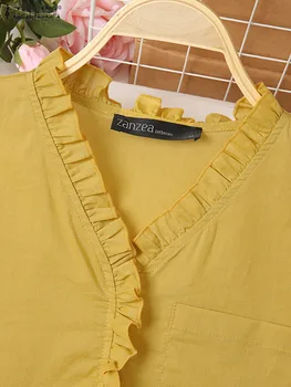 ZANZEA Yaz Düz Renk Ruffles Bluz V Yaka 3/4 Kollu %100 % Pamuklu Gömlek Femme Moda Rahat Zarif Çalışma OL Mujer Tops