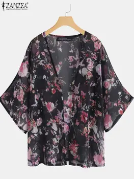 ZANZEA Yaz Çiçek Baskı Rahat 3/4 Kollu Kimono Kadınlar Bohemian Plaj Hırka Rahat Tatil şifon Bluz Cover Up Tops