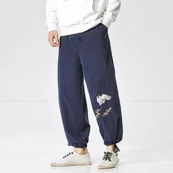 Çin Tarzı Vinç Nakış günlük pantolon Erkekler Retro Japon Harajuku Streetwear Moda Geniş Bacak harem pantolon Bloomers