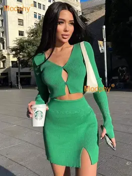 Ücretsiz Kargo 2022 Sonbahar Örme kalem etek Takım Elbise kadın Seksi Uzun Kollu Kısa Kazak Üst + Mini Etek İki Parçalı Set