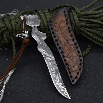 Şam Bıçak Açık Taşınabilir EDC Bıçak Kendini Savunma Avcılık Kamp Bıçaklar Cep Deri Kılıf Hediye Koleksiyonu Meyve Bıçağı
