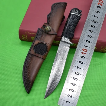 Şam çeliği Sabit Bıçak Düz Bıçak Askeri av bıçağı Açık Orman Savaş Bıçak Deri Kılıf EDC Koleksiyonu