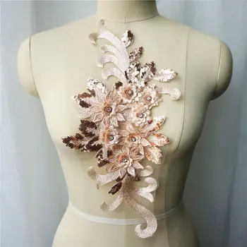Şampanya Dantel Kumaş Pullu 3D Çiçekler Rhinestone Püskül gelinlik Aplikler Işlemeli Dikmek Yama Elbise Için DIY Dekorasyon
